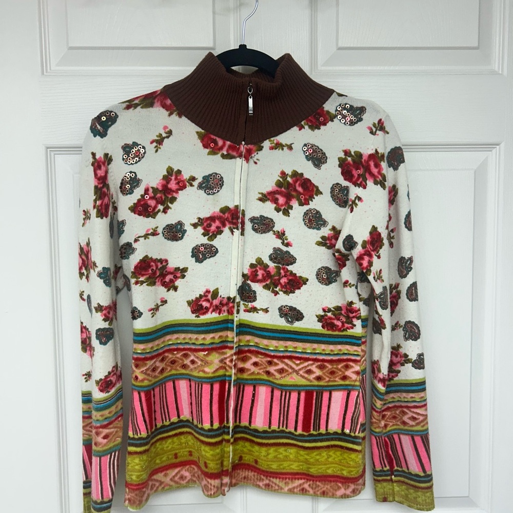 GENCA Artsy Y2K Floral Sequin Zip-Up Sweater Size M
